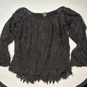 Le Marais Paris silk crochet peasant top in black size M